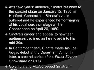 After two years' absence, Sinatra returned to the concert stage on January 12, 1950, in Hartford, Connecticut. Sinatra's voice suffered and he experienced hemorrhaging of his vocal cords on stage at the Copacabana on April 26, 1950.Sinatra's career and appeal to new teen audiences declined as he moved into his mid-30s.In September 1951, Sinatra made his Las Vegas debut at the Desert Inn. A month later, a second series of the Frank Sinatra Show aired on CBS. Columbia and MCA dropped Sinatra in 1952.