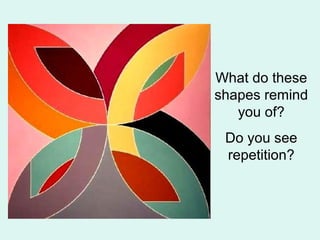 What do these
shapes remind
you of?
Do you see
repetition?
 