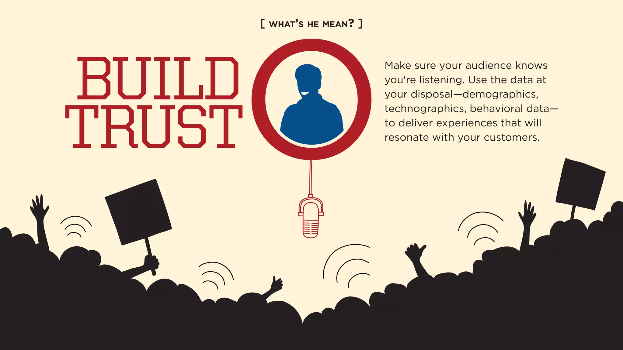 BUILD 
TRUST 
[ WHAT’S HE MEAN? ] 
Make sure your audience knows 
you're listening. Use the data at 
your disposal—demographics, 
technographics, behavioral data— 
to deliver experiences that will 
resonate with your customers. 
 