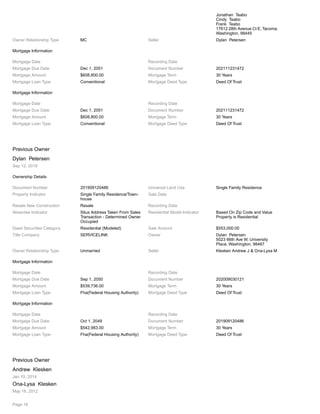 Jonathan Teabo
Cindy Teabo
Frank Teabo
17612 28th Avenue Ct E, Tacoma,
Washington, 98445
Owner Relationship Type MC Seller Dylan Petersen
Mortgage Information
Mortgage Date Recording Date
Mortgage Due Date Dec 1, 2051 Document Number 202111231472
Mortgage Amount $608,800.00 Mortgage Term 30 Years
Mortgage Loan Type Conventional Mortgage Deed Type Deed Of Trust
Mortgage Information
Mortgage Date Recording Date
Mortgage Due Date Dec 1, 2051 Document Number 202111231472
Mortgage Amount $608,800.00 Mortgage Term 30 Years
Mortgage Loan Type Conventional Mortgage Deed Type Deed Of Trust
Previous Owner
Dylan Petersen
Sep 12, 2019
Ownership Details
Document Number 201909120486 Universal Land Use Single Family Residence
Property Indicator Single Family Residence/Town-
house
Sale Date
Resale New Construction Resale Recording Date
Absentee Indicator Situs Address Taken From Sales
Transaction - Determined Owner
Occupied
Residential Model Indicator Based On Zip Code and Value
Property is Residential
Deed Securities Category Residential (Modeled) Sale Amount $553,000.00
Title Company SERVICELINK Owner Dylan Petersen
5023 66th Ave W, University
Place, Washington, 98467
Owner Relationship Type Unmarried Seller Klesken Andrew J & Ona-Lysa M
Mortgage Information
Mortgage Date Recording Date
Mortgage Due Date Sep 1, 2050 Document Number 202009030121
Mortgage Amount $539,736.00 Mortgage Term 30 Years
Mortgage Loan Type Fha(Federal Housing Authority) Mortgage Deed Type Deed Of Trust
Mortgage Information
Mortgage Date Recording Date
Mortgage Due Date Oct 1, 2049 Document Number 201909120486
Mortgage Amount $542,983.00 Mortgage Term 30 Years
Mortgage Loan Type Fha(Federal Housing Authority) Mortgage Deed Type Deed Of Trust
Previous Owner
Andrew Klesken
Jan 10, 2014
Ona-Lysa Klesken
May 18, 2012
Page 16
 