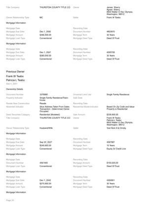Title Company THURSTON COUNTY TITLE CO Owner James Sherry
Agnes Sherry
8830 Walter Ct Sw, Olympia,
Washington, 98512
Owner Relationship Type MC Seller Frank W Teabo
Mortgage Information
Mortgage Date Recording Date
Mortgage Due Date Dec 1, 2050 Document Number 4803970
Mortgage Amount $366,500.00 Mortgage Term 30 Years
Mortgage Loan Type Conventional Mortgage Deed Type Deed Of Trust
Mortgage Information
Mortgage Date Recording Date
Mortgage Due Date Dec 1, 2047 Document Number 4595708
Mortgage Amount $380,000.00 Mortgage Term 30 Years
Mortgage Loan Type Conventional Mortgage Deed Type Deed Of Trust
Previous Owner
Frank W Teabo
Patricia L Teabo
Sep 4, 2001
Ownership Details
Document Number 3376880 Universal Land Use Single Family Residence
Property Indicator Single Family Residence/Town-
house
Sale Date
Resale New Construction Resale Recording Date
Absentee Indicator Situs Address Taken From Sales
Transaction - Determined Owner
Occupied
Residential Model Indicator Based On Zip Code and Value
Property is Residential
Deed Securities Category Residential (Modeled) Sale Amount $339,900.00
Title Company THURSTON COUNTY TITLE CO Owner Frank W Teabo
Patricia L Teabo
8830 Walter Ct Sw, Olympia,
Washington, 98512
Owner Relationship Type Husband/Wife Seller Yost Nick A & Christy
Mortgage Information
Mortgage Date Recording Date
Mortgage Due Date Sep 20, 2027 Document Number 4587987
Mortgage Amount $249,900.00 Mortgage Term 10 Years
Mortgage Loan Type Conventional Mortgage Deed Type Equity Or Credit Line
Mortgage Information
Mortgage Date Recording Date
Document Number 4561465 Mortgage Amount $100,000.00
Mortgage Loan Type Conventional Mortgage Deed Type Deed Of Trust
Mortgage Information
Mortgage Date Recording Date
Mortgage Due Date Dec 1, 2042 Document Number 4300901
Mortgage Amount $275,900.00 Mortgage Term 30 Years
Mortgage Loan Type Conventional Mortgage Deed Type Deed Of Trust
Mortgage Information
Page 23
 