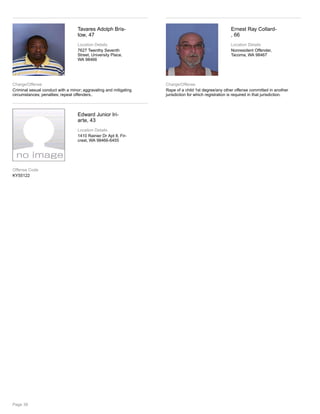 Tavares Adolph Bris-
tow, 47
Location Details
7627 Twenthy Seventh
Street, University Place,
WA 98466
Charge/Offense
Criminal sexual conduct with a minor; aggravating and mitigating
circumstances; penalties; repeat offenders..
Ernest Ray Collard-
, 66
Location Details
Nonresident Offender,
Tacoma, WA 98467
Charge/Offense
Rape of a child 1st degree/any other offense committed in another
jurisdiction for which registration is required in that jurisdiction.
Edward Junior Iri-
arte, 43
Location Details
1410 Rainier Dr Apt 8, Fir-
crest, WA 98466-6455
Offense Code
KY55122
Page 38
 