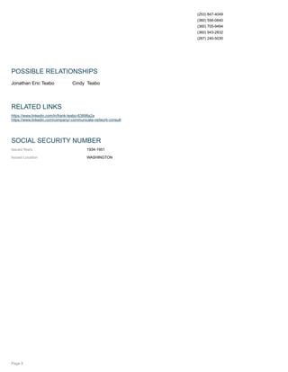 (253) 847-4049
(360) 556-0640
(360) 705-9494
(360) 943-2832
(267) 240-5030
POSSIBLE RELATIONSHIPS
Jonathan Eric Teabo Cindy Teabo
RELATED LINKS
https://www.linkedin.com/in/frank-teabo-63898a2a
https://www.linkedin.com/company/-communicate-network-consult
SOCIAL SECURITY NUMBER
Issued Years 1934-1951
Issued Location WASHINGTON
Page 4
 