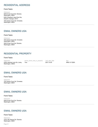 RESIDENTIAL ADDRESS
Frank Teabo
Addresses:
5045 Orvas Court Se, Olympia,
Washington, 98501
6262 Cheatham Lake Drive Nw,
Acworth, Georgia, 30101
755 Calvary Court Se, Tumwater,
Washington, 98501
EMAIL OWNERS USA
Frank Teabo
Addresses:
755 Calvary Court Se, Tumwater,
Washington, 98501
5045 Orvas Court Se, Olympia,
Washington, 98501
RESIDENTIAL PROPERTY
Frank Teabo
Addresses:
4259 Lakeview Lane Se, Lacey,
Washington, 98503
Home_owner_lives_in_property
True
Last_sale_date
2021-10-05
Apn
9990-12-73600
EMAIL OWNERS USA
Frank Teabo
Addresses:
755 Calvary Court Se, Tumwater,
Washington, 98501
EMAIL OWNERS USA
Frank Teabo
Addresses:
5045 Orvas Court Se, Olympia,
Washington, 98501
EMAIL OWNERS USA
Frank Teabo
Addresses:
3730 14th Avenue Se, Olympia,
Washington, 98501
Page 41
 