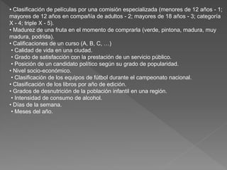 • Clasificación de películas por una comisión especializada (menores de 12 años - 1;
mayores de 12 años en compañía de adultos - 2; mayores de 18 años - 3; categoría
X - 4; triple X - 5).
• Madurez de una fruta en el momento de comprarla (verde, pintona, madura, muy
madura, podrida).
• Calificaciones de un curso (A, B, C, …)
• Calidad de vida en una ciudad.
• Grado de satisfacción con la prestación de un servicio público.
• Posición de un candidato político según su grado de popularidad.
• Nivel socio-económico.
• Clasificación de los equipos de fútbol durante el campeonato nacional.
• Clasificación de los libros por año de edición.
• Grados de desnutrición de la población infantil en una región.
• Intensidad de consumo de alcohol.
• Días de la semana.
• Meses del año.
 