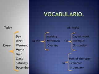 Today At night
Day Morning Day ok week
Week In the Afternoon On Example:
Every Weekend Ovening On sunday
Month
Year
Class Mon of the year
Saturday In Example:
December In January
 
