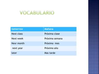 tomorrow Mañana
Next class Próxima clase
Next week Próxima semana
Nexr month Próximo mes
next year Próximo año
later Mas tarde
 