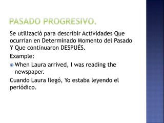 Se utilizació para describir Actividades Que
ocurrían en Determinado Momento del Pasado
Y Que continuaron DESPUÉS.
Example:
 When Laura arrived, I was reading the
newspaper.
Cuando Laura llegó, Yo estaba leyendo el
periódico.
 