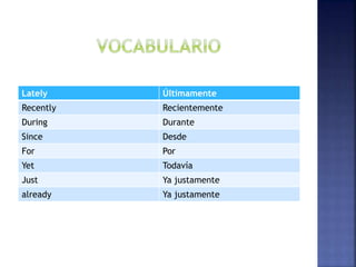 Lately Últimamente
Recently Recientemente
During Durante
Since Desde
For Por
Yet Todavía
Just Ya justamente
already Ya justamente
 