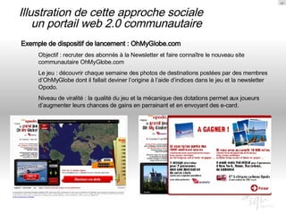 Illustration de cette approche sociale  un portail web 2.0 communautaire Exemple de dispositif de lancement : OhMyGlobe.com Objectif : recruter des abonnés à la Newsletter et faire connaître le nouveau site communautaire OhMyGlobe.com Le jeu : découvrir chaque semaine des photos de destinations postées par des membres d’OhMyGlobe dont il fallait deviner l’origine à l’aide d’indices dans le jeu et la newsletter Opodo. Niveau de viralité : la qualité du jeu et la mécanique des dotations permet aux joueurs d’augmenter leurs chances de gains en parrainant et en envoyant des e-card. 