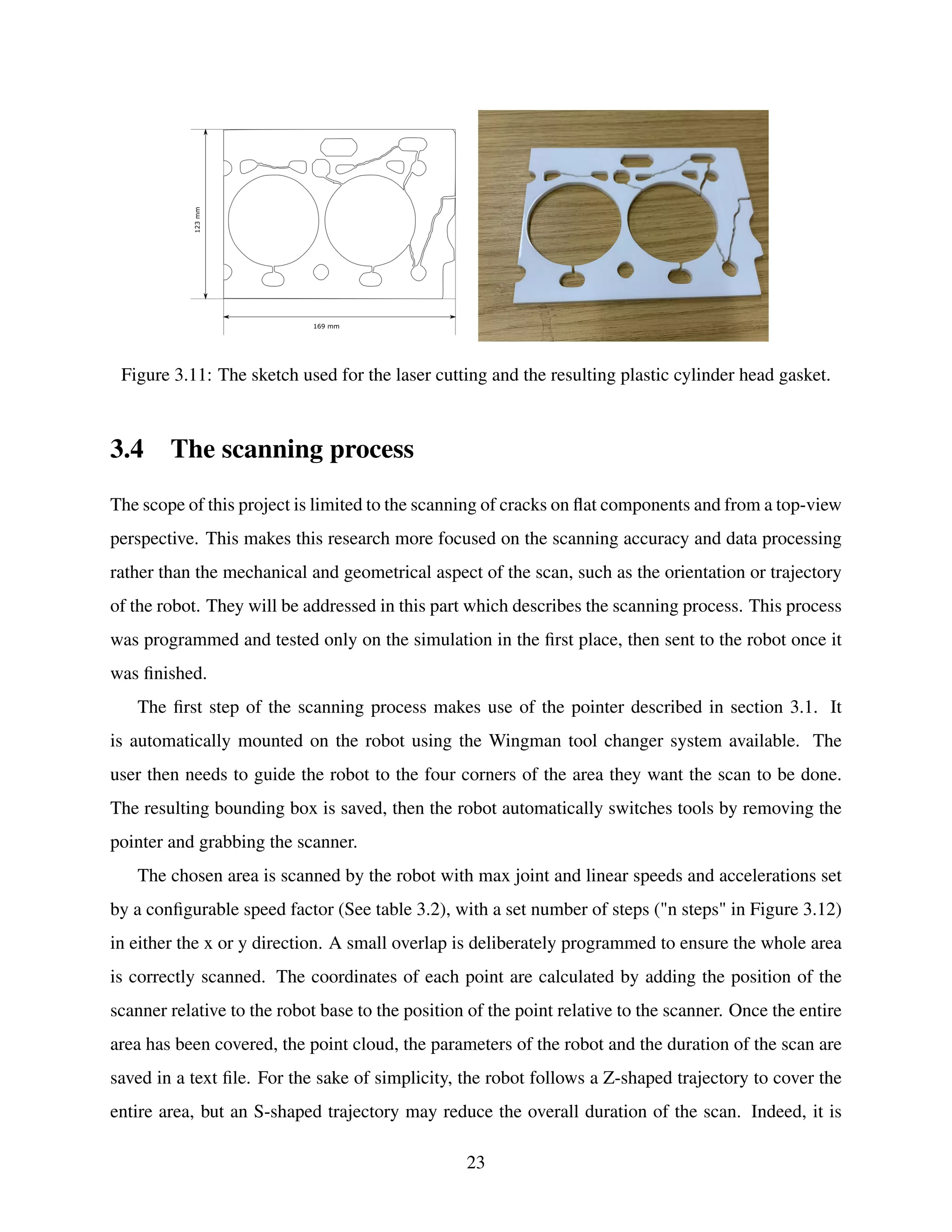 Figure 3.11: The sketch used for the laser cutting and the resulting plastic cylinder head gasket.
3.4 The scanning process
The scope of this project is limited to the scanning of cracks on flat components and from a top-view
perspective. This makes this research more focused on the scanning accuracy and data processing
rather than the mechanical and geometrical aspect of the scan, such as the orientation or trajectory
of the robot. They will be addressed in this part which describes the scanning process. This process
was programmed and tested only on the simulation in the first place, then sent to the robot once it
was finished.
The first step of the scanning process makes use of the pointer described in section 3.1. It
is automatically mounted on the robot using the Wingman tool changer system available. The
user then needs to guide the robot to the four corners of the area they want the scan to be done.
The resulting bounding box is saved, then the robot automatically switches tools by removing the
pointer and grabbing the scanner.
The chosen area is scanned by the robot with max joint and linear speeds and accelerations set
by a configurable speed factor (See table 3.2), with a set number of steps ("n steps" in Figure 3.12)
in either the x or y direction. A small overlap is deliberately programmed to ensure the whole area
is correctly scanned. The coordinates of each point are calculated by adding the position of the
scanner relative to the robot base to the position of the point relative to the scanner. Once the entire
area has been covered, the point cloud, the parameters of the robot and the duration of the scan are
saved in a text file. For the sake of simplicity, the robot follows a Z-shaped trajectory to cover the
entire area, but an S-shaped trajectory may reduce the overall duration of the scan. Indeed, it is
23
 