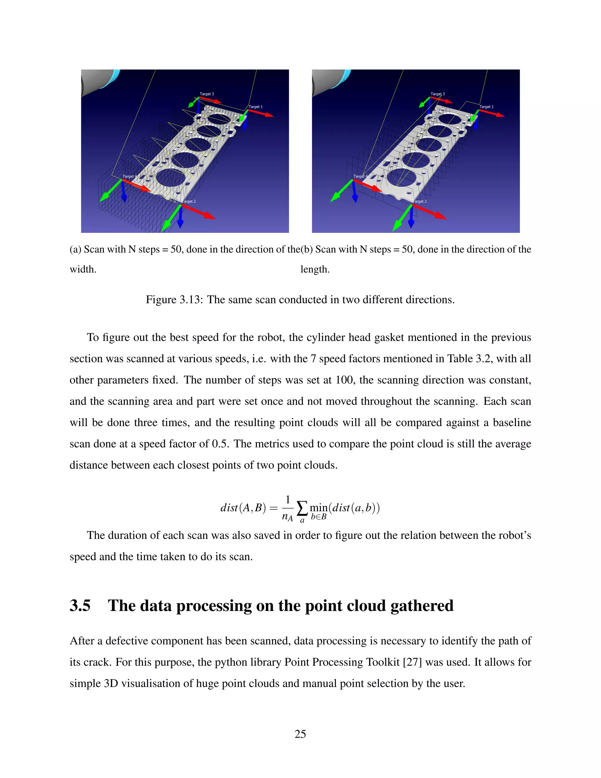 (a) Scan with N steps = 50, done in the direction of the
width.
(b) Scan with N steps = 50, done in the direction of the
length.
Figure 3.13: The same scan conducted in two different directions.
To figure out the best speed for the robot, the cylinder head gasket mentioned in the previous
section was scanned at various speeds, i.e. with the 7 speed factors mentioned in Table 3.2, with all
other parameters fixed. The number of steps was set at 100, the scanning direction was constant,
and the scanning area and part were set once and not moved throughout the scanning. Each scan
will be done three times, and the resulting point clouds will all be compared against a baseline
scan done at a speed factor of 0.5. The metrics used to compare the point cloud is still the average
distance between each closest points of two point clouds.
dist(A,B) =
1
nA
∑
a
min
b∈B
(dist(a,b))
The duration of each scan was also saved in order to figure out the relation between the robot’s
speed and the time taken to do its scan.
3.5 The data processing on the point cloud gathered
After a defective component has been scanned, data processing is necessary to identify the path of
its crack. For this purpose, the python library Point Processing Toolkit [27] was used. It allows for
simple 3D visualisation of huge point clouds and manual point selection by the user.
25
 