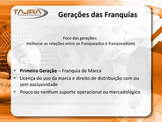 Gerações das Franquias
• Primeira Geração – Franquia de Marca
• Licença do uso da marca e direito de distribuição com ou
sem exclusividade
• Pouco ou nenhum suporte operacional ou mercadológico
Foco das gerações:
melhorar as relações entre os franqueados e franqueadores
 