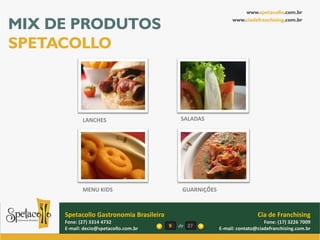 www.spetacollo.com.br

MIX DE PRODUTOS                                                 www.ciadefranchising.com.br




SPETACOLLO



            LANCHES                          SALADAS




            MENU KIDS                         GUARNIÇÕES



     Spetacollo Gastronomia Brasileira                                     Cia de Franchising
     Fone: (27) 3314 4732                                                     Fone: (17) 3226 7009
     E-mail: decio@spetacollo.com.br     9   de 27         E-mail: contato@ciadefranchising.com.br
 