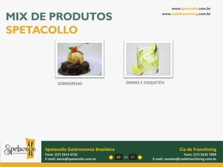www.spetacollo.com.br

MIX DE PRODUTOS                                                www.ciadefranchising.com.br




SPETACOLLO



            SOBREMESAS                        DRINKS E COQUETÉIS




     Spetacollo Gastronomia Brasileira                                    Cia de Franchising
     Fone: (27) 3314 4732                                                    Fone: (17) 3226 7009
     E-mail: decio@spetacollo.com.br     10   de 27       E-mail: contato@ciadefranchising.com.br
 