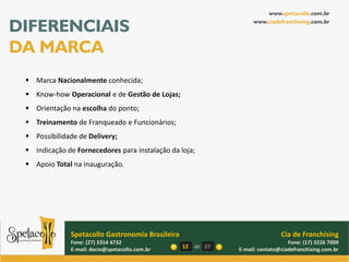 www.spetacollo.com.br

DIFERENCIAIS                                                        www.ciadefranchising.com.br




DA MARCA
  Marca Nacionalmente conhecida;
  Know-how Operacional e de Gestão de Lojas;
  Orientação na escolha do ponto;
  Treinamento de Franqueado e Funcionários;
  Possibilidade de Delivery;
  Indicação de Fornecedores para instalação da loja;
  Apoio Total na inauguração.




              Spetacollo Gastronomia Brasileira                                Cia de Franchising
              Fone: (27) 3314 4732                                                Fone: (17) 3226 7009
              E-mail: decio@spetacollo.com.br     12   de 27   E-mail: contato@ciadefranchising.com.br
 