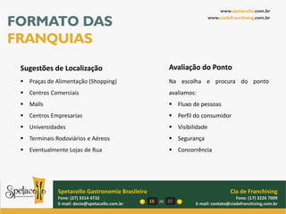www.spetacollo.com.br

FORMATO DAS                                                                www.ciadefranchising.com.br




FRANQUIAS
 Sugestões de Localização                                 Avaliação do Ponto
  Praças de Alimentação (Shopping)                       Na escolha e procura do ponto
  Centros Comerciais                                     avaliamos:
  Malls                                                   Fluxo de pessoas
  Centros Empresarias                                     Perfil do consumidor
  Universidades                                           Visibilidade
  Terminais Rodoviários e Aéreos                          Segurança
  Eventualmente Lojas de Rua                              Concorrência




              Spetacollo Gastronomia Brasileira                                     Cia de Franchising
              Fone: (27) 3314 4732                                                    Fone: (17) 3226 7009
              E-mail: decio@spetacollo.com.br     15   de 27       E-mail: contato@ciadefranchising.com.br
 