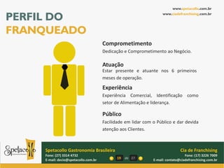www.spetacollo.com.br

PERFIL DO                                                          www.ciadefranchising.com.br




FRANQUEADO
                                      Comprometimento
                                      Dedicação e Comprometimento ao Negócio.

                                      Atuação
                                      Estar presente e atuante nos 6 primeiros
                                      meses de operação.

                                      Experiência
                                      Experiência Comercial, Identificação como
                                      setor de Alimentação e liderança.

                                      Público
                                      Facilidade em lidar com o Público e dar devida
                                      atenção aos Clientes.



    Spetacollo Gastronomia Brasileira                                         Cia de Franchising
    Fone: (27) 3314 4732                                                         Fone: (17) 3226 7009
    E-mail: decio@spetacollo.com.br         19   de 27        E-mail: contato@ciadefranchising.com.br
 