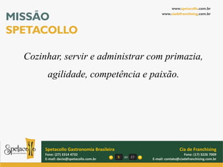 www.spetacollo.com.br

MISSÃO                                                      www.ciadefranchising.com.br




SPETACOLLO

  Cozinhar, servir e administrar com primazia,
        agilidade, competência e paixão.




       Spetacollo Gastronomia Brasileira                               Cia de Franchising
       Fone: (27) 3314 4732                                               Fone: (17) 3226 7009
       E-mail: decio@spetacollo.com.br     5   de 27   E-mail: contato@ciadefranchising.com.br
 