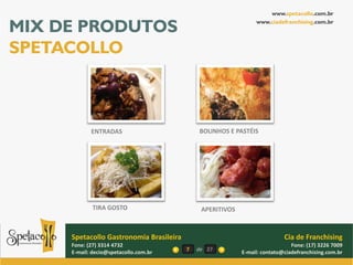 www.spetacollo.com.br

MIX DE PRODUTOS                                                 www.ciadefranchising.com.br




SPETACOLLO



            ENTRADAS                         BOLINHOS E PASTÉIS




             TIRA GOSTO                       APERITIVOS



     Spetacollo Gastronomia Brasileira                                     Cia de Franchising
     Fone: (27) 3314 4732                                                     Fone: (17) 3226 7009
     E-mail: decio@spetacollo.com.br     7   de 27         E-mail: contato@ciadefranchising.com.br
 