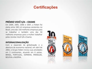 PRÉMIO VOCÊ S/A – EXAME
Em 2004, 2005, 2006 e 2007, a Hoken foi
eleita entre 500 mil empresas existentes no
Brasil, uma das 150 melhores empresas para
se trabalhar e também uma das 50
melhores empresas para a mulher trabalhar
pelas revistas Você S/A e Exame.
INTERNACIONALIZAÇÃO
Com a expansão da globalização e a
abertura da economia nacional, em abril de
2002, o Grupo Hoken iniciou suas atividades
em 3 continentes, atuando em 6 países.
BRASIL, PORTUGAL, ESPANHA, PARAGUAI,
BOLÍVIA e NIGÉRIA.
Certificações
 