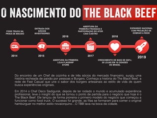 $
O Nascimento do the black beef
Do encontro de um Chef de cozinha e de três sócios do mercado financeiro, surgiu uma
história recheada de paixão por pessoas e Burgers. Conheça a história do The Black Beef, a
rede de Fast Casual que une o sabor dos burgers artesanais ao estilo de vida de quem
busca experiências originais.
Em 2014 o Chef Deco Sadigursk, depois de ter rodado o mundo e acumulado experiência
profissional, teve o insight do que se tornou o ponto de partida para o negócio que hoje é o
The Black Beef. Ele lançou de forma pioneira o primeiro modelo do negócio que começou a
funcionar como food truck. O sucesso foi grande, as filas se formaram para comer o original
hambúrguer no melhor estilo novaiorquino…O TBB tava na boca da cidade.
ENTRADA DOS
SÓCIOS
INVESTIDORES
ABERTURA DA PRIMEIRA
LOJA FLAGSHIP
STORE
CRESCIMENTO DE MAIS DE 500%;  
20 LOJAS EM 16 CIDADES
DO BRASIL
2015
2016 2018
2014
FOOD TRUCK NA
PRAIA DE MACEIÓ
ABERTURA DA
PRIMEIRA FRANQUIA E
PARTICIPAÇÃO DO ATOR
CAIO CASTRO
2017
2019
EXPANSÃO NACIONAL
COM PROJEÇÃO DE
DOBRAR A REDE
 