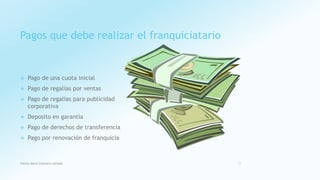 Pagos que debe realizar el franquiciatario
 Pago de una cuota inicial
 Pago de regalías por ventas
 Pago de regalías para publicidad
corporativa
 Deposito en garantía
 Pago de derechos de transferencia
 Pago por renovación de franquicia
Fatima Maria Chamorro Almada 11
 