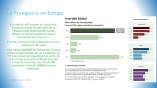 La Franquicia en Europa
Con más de 450 millones de habitantes,
Europa es uno de los mercados de la
franquicia más dinámicos del mundo.
Aunque las marcas americanas siguen
dominando las franquicias.
Francia: La tradición de la franquicia es muy
antigua en este país:
Con más de 56000000 de habitantes, Francia
es hoy el líder europeo de las franquicias. La
cifra de ventas correspondiente al sector de
franchising representa el 8% del total del
comercio minorista, con más de 700
franquicias y más de 500000 personas
empleadas.
Fatima Maria Chamorro Almada 15
 