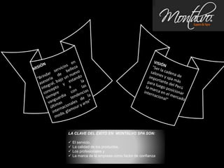 LA CLAVE DEL ÉXITO EN MONTALVO SPA SON:
 El servicio,
 La calidad de los productos,
 Los profesionales y
 La marca de la empresa como factor de confianza
 