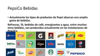 PepsiCo Bebidas
• Actualmente los tipos de productos de Pepsi abarcan una amplia
gama de bebidas.
Refrescos, Té, bebidas de café, energizantes y agua, entre muchas
otras bebidas, son producidas actualmente en las instalaciones de
PepsiCo.
 