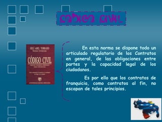 En esta norma se dispone todo un articulado regulatorio de los Contratos en general, de las obligaciones entre partes y la capacidad legal de los ciudadanos.   Es por ello que los contratos de franquicia, como contratos al fin, no escapan de tales principios. 