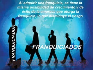 Entrenamiento y supervision de un
empresario
FRANQUICIADOR
FRANQUICIADOS
Al adquirir una franquicia, se tiene la
misma posibilidad de crecimiento y de
éxito de la empresa que otorga la
franquicia, lo que disminuye el riesgo
 