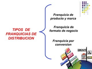 TIPOS DE
FRANQUICIAS DE
DISTRIBUCION
Franquicia de
producto y marca
Franquicia de
formato de negocio
Franquicia por
conversion
 