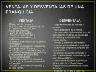 VENTAJA
• Reducción de riesgos e
incertidumbres al ser propietario de
un negocio acreditado, con
resultados probados.
• Zona de exclusividad.
• Acceso a herramientas y
programas de marketing y
publicidad.
• Sistemas administrativos de control
y evaluación.
• Acceso a investigación y desarrollo
de nuevas metodologías y
tecnologías incorporadas al negocio.
• Incremento en su prestigio personal
al involucrarse en una red de
negocios posicionada.
• Diversificación de inversiones o
recursos y/o acceso a esquemas de
autoempleo.
• Acceso a una inversión rentable y
de bajo riesgo.
DESVENTAJA
• • Pago de derechos de entrada y
royalties.
• No es propietario de la marca.
• Las principales decisiones las toma el
franquiciante, limitando su posibilidad
de innovar y actuar de forma
independiente.
• Normas y directrices estratégicas
impuestas y apegadas a los manuales.
• Supervisión y vigilancia por parte del
franquiciante.
• Su éxito se encuentra vinculado al
éxito o actuación del franquiciante y de
otros franquiciatarios.
• Limitación de recursos económicos
para el caso de contingencias o
requerimientos adicionales de capital
de trabajo.
• Selección de un giro o sector no
 