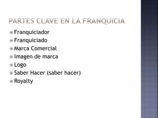  Franquiciador
 Franquiciado
 Marca Comercial
 Imagen de marca
 Logo
 Saber Hacer (saber hacer)
 Royalty
 