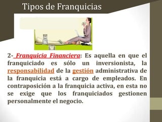 Tipos de Franquicias

2- Franquicia Financiera: Es aquella en que el
franquiciado es sólo un inversionista, la
responsabilidad de la gestión administrativa de
la franquicia está a cargo de empleados. En
contraposición a la franquicia activa, en esta no
se exige que los franquiciados gestionen
personalmente el negocio.

 