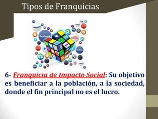 Tipos de Franquicias

6- Franquicia de Impacto Social: Su objetivo
es beneficiar a la población, a la sociedad,
donde el fin principal no es el lucro.

 