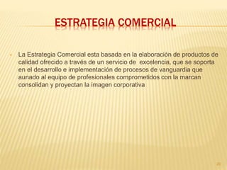 ESTRATEGIA COMERCIAL
 La Estrategia Comercial esta basada en la elaboración de productos de
calidad ofrecido a través de un servicio de excelencia, que se soporta
en el desarrollo e implementación de procesos de vanguardia que
aunado al equipo de profesionales comprometidos con la marcan
consolidan y proyectan la imagen corporativa
20
 