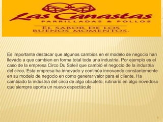 Es importante destacar que algunos cambios en el modelo de negocio han
llevado a que cambien en forma total toda una industria. Por ejemplo es el
caso de la empresa Circo Du Soleil que cambió el negocio de la industria
del circo. Esta empresa ha innovado y continúa innovando constantemente
en su modelo de negocio en como generar valor para el cliente. Ha
cambiado la industria del circo de algo obsoleto, rutinario en algo novedoso
que siempre aporta un nuevo espectáculo
9
 
