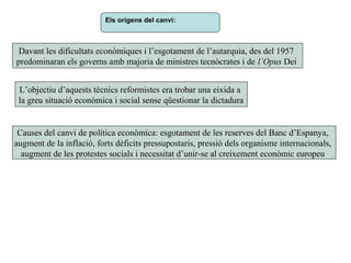 Davant les dificultats econòmiques i l’esgotament de l’autarquia, des del 1957
predominaran els governs amb majoria de ministres tecnòcrates i de l’Opus Dei
L’objectiu d’aquests tècnics reformistes era trobar una eixida a
la greu situació econòmica i social sense qüestionar la dictadura
Causes del canvi de política econòmica: esgotament de les reserves del Banc d’Espanya,
augment de la inflació, forts dèficits pressupostaris, pressió dels organisme internacionals,
augment de les protestes socials i necessitat d’unir-se al creixement econòmic europeu
Els orígens del canvi:
 
