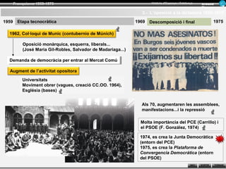 Franquisme 1939-1975                                           Història d’Espanya i Catalunya      Ar man d
                                                                                                          Figue ra

                                                                 3.- L’oposició a la dictadura 1959-1975

1959     Etapa tecnocràtica                                    1969   Descomposició i final                        1975

  1962, Col·loqui de Munic (contubernio de Múnich)

           Oposició monàrquica, esquerra, liberals...
           (José Maria Gil-Robles, Salvador de Madariaga...)

  Demanda de democràcia per entrar al Mercat Comú
   Demanda de democràcia per entrar al Mercat Comú

  Augment de l’activitat opositora

           Universitats
           Moviment obrer (vagues, creació CC.OO. 1964),
           Església (bases)


                                                                 Als 70, augmentaren les assemblees,
                                                                 manifestacions...i la repressió

                                                                 Molta importància del PCE (Carrillo) i
                                                                 el PSOE (F. González, 1974)

                                                                 1974, es crea la Junta Democràtica
                                                                 (entorn del PCE)
                                                                 1975, es crea la Plataforma de
                                                                 Convergencia Democrática (entorn
                                                                 del PSOE)
                                                                                                  INICI   SORTIR     TORNAR
 