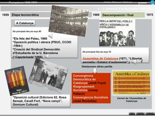Franquisme 1939-1975                                                     Història d’Espanya i Catalunya      Ar man d
                                                                                                                    Figue ra

                                                                         3.- L’oposició a la dictadura 1959-1975

1959     Etapa tecnocràtica                                         1969       Descomposició i final                         1975

            A Catalunya

         Els principals fets als anys 60:


         *Els fets del Palau, 1960
         *Oposició política i obrera (PSUC, CCOO
         -1964-)
         *Creació del Sindicat Democràtic
                                                         Els principals fets als anys 70:
         d’Estudiants de la U. Barcelona
         (“Caputxinada”1966)                             Assemblea de Catalunya (1971, “Llibertat,
                                                         amnistia i Estatut d’autonomia”.)
                                                        Destacaven altres partits


                                                   Convergència
                                                   Democràtica de
                                                   Catalunya (Jordi Pujol)
                                                   Reagrupament
                                                   Socialista (Josep
                                                   Pallach)
         *Oposició cultural (Edicions 62, Rosa     Convergència Socialista                    Carnet de l’Assemblea de
         Sensat, Cavall Fort, “Nova cançó”,        (Joan Reventós)                                   Catalunya
         Omnium Cultural)

                                                                                                            INICI   SORTIR     TORNAR
 