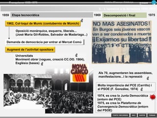 SORTIR
Franquisme 1939-1975
TORNAR
Armand
Figuera
Història d’Espanya i Catalunya
INICIFONTS i RECURSOS
4.- L’oposició a la dictadura 1939-1959
Etapa totalitària “Els anys blaus” 19591939
Moviment obrer
Activitat clandestina (PSOE, PCE, CNT...)
Vagues de 1945 a Barcelona
Grups monàrquics
Demanda a Franco pel retorn a la monarquía
1943, carta dels generals monàrquics
1945, Manifest de Lausana (Joan de Borbó)
Els maquis o guerrilla @
Als primers anys l’oposició es
concretava en
1944, ocupació de la Vall d’Aran
• Als 50 es renuncia a la lluita armada
Enllaços sindicals
Jurats d’empresa
L’oposició s’introdueix en els sindicats verticals
Als anys 50
l’oposició
evoluciona
• Es busquen noves estratègies:
• Es donen les primeres vagues (la del tramvia
de 1951) i revoltes universitàries
 