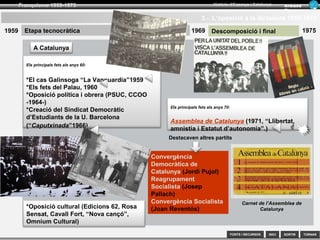 SORTIR
Franquisme 1939-1975
TORNAR
Armand
Figuera
Història d’Espanya i Catalunya
INICIFONTS i RECURSOS
4.- L’oposició a la dictadura 1939-1959
Etapa totalitària “Els anys blaus” 19591939
A Catalunya (als anys 40 i 50)A Catalunya (als anys 40 i 50)
A l’exterior
Empresonament i execució de Lluís Companys
(1941)
J. Irla, President de la Generalitat (1941)
Substituït per J. Tarradellas (1954)
A l’interior
Creació de diversos grups:
*Catalanistes com el FNC (Front Nacional de Catalunya, 1939).
*Socialistes com el MSC (Moviment Socialista de Catalunya, 1945).
*Comunistes catalans representats pel PSUC (lluita clandestina).
*I els anarquistes – Joventuts Llibertàries (lluita armada fins 1963).
*A la dècada dels 50 apareix Grups CC (Crist Catalunya) de Jordi
Pujol.
Quico Sabaté @
 