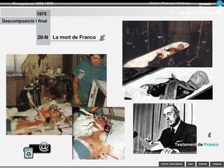 SORTIR
Franquisme 1939-1975
TORNAR
Armand
Figuera
Història d’Espanya i Catalunya
INICIFONTS i RECURSOS
Etapa totalitària “Els anys blaus” Etapa tecnocràtica Descomposició i final
6.- Evolució demogràfica
1959 1969 197519501939 1973
Alta mortalitat
Baixa natalitat
Per tant
Baix creixement natural
Als anys seixanta
Hi ha un canvi de tendència demogràficaHi ha un canvi de tendència demogràfica
Reducció de la mortalitat i
Manteniment d’una alta natalitatprovoca
Gran creixement demogràfic (Baby Boom dels 60)Gran creixement demogràfic (Baby Boom dels 60)
provoca
Migració interior (èxode rural) Catalunya, Madrid,
país Basc
Migració exterior (Amèrica i Europa)
Procés d’urbanització (1970, 70% urbana)
Especulació urbanística, barraquisme...
Població activa agrària (1950= 50%, 1970= 25%)
Als anys quaranta i cinquanta
Evolució demogràfica
França, Suïssa
i Alemanya
@
 