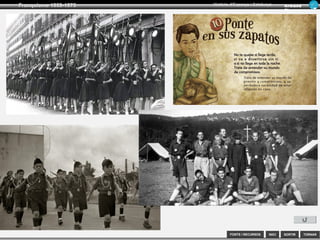 SORTIR
Franquisme 1939-1975
TORNAR
Armand
Figuera
Història d’Espanya i Catalunya
INICIFONTS i RECURSOS
9.- FONTS i RECURSOS
Secció femenina, Frente de Juventud, OJE...
Llei de Successió 1969
Repressió franquista
Maquis
Nova cançó
Declaració Junta Democràtica
Assemblea de Catalunya
Cartilles de racionament
Primer Pla de Desenvolupament, 1964
Balança de pagament i comerç exterior
Evolució demogràfica
Migracions, desenvolupament urbanístic de Barcelona, barraquisme
Educació franquista
La dona en el franquisme
La censura
Literatura, Cinema i Franquisme
Webs
Fuero de los Españoles,
 