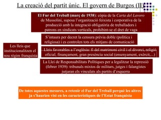 La creació del partit únic. El govern de Burgos (II).
Les lleis que
institucionalitzen el
nou règim franquista
El Fur del Treball (març de 1938El Fur del Treball (març de 1938): còpia de la Carta del Lavoro
de Mussolini, suposa l’organització feixista i corporativa de la
producció amb la integració obligatòria de treballadors i
patrons en sindicats verticals, prohibint-se el dret de vaga
S’intaura per decret la censura prèvia doble (política i
religiosa) i es controlen tots els mitjans de comunicació
Lleis favorables a l’església: fi del matrimoni civil i el divorci, religió
oficial, finançament, gran presència social (ensenyament, exèrcit,...)
La Llei de Responsabilitats Polítiques per a legalitzar la repressió
(febrer 1939): tribunals mixtos de militars, jutges i falangistes
jutjaran els vinculats als partits d’esquerra
De totes aquestes mesures, a retenir el Fur del Treball perquè les altres
ja s’haurien vist en les característiques de l’Estat franquista
 