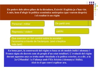 Els poders dels altres pilars de la dictadura, Exèrcit i Església ja s’han vist.
A més, hem d'afegir la política econòmica autàrquica (que veurem després)
i el resultat és un règim
En bona part, la construcció del règim es basa en els models italià i alemany i
Franco signa els decrets com els propis d’un estat totalitari. L’evolució del règim
durant aquestos anys es troba molt vinculada a la polítca exterior, es a dir, a la
2a GMundial i a l’aliança amb l’Eix feixista (Alemanya i Itàlia).
Això és el que convé explicar ara.
Repressiu i violent
Personal i militar De partit únic
catòlic
Que exerceix un fort control sobre la societat i
l'economia a través de l'autarquia. (això s'explica
més tard)
 