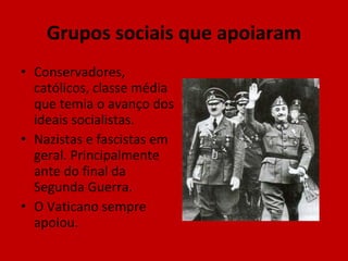 Grupos sociais que apoiaram Conservadores, católicos, classe média que temia o avanço dos ideais socialistas. Nazistas e fascistas em geral. Principalmente ante do final da Segunda Guerra. O Vaticano sempre apoiou. 