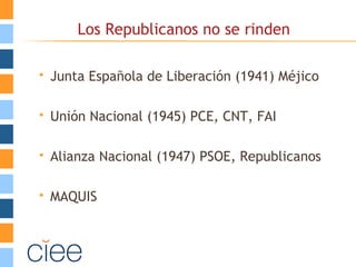 Los Republicanos no se rinden
 Junta Española de Liberación (1941) Méjico
 Unión Nacional (1945) PCE, CNT, FAI
 Alianza Nacional (1947) PSOE, Republicanos
 MAQUIS
 